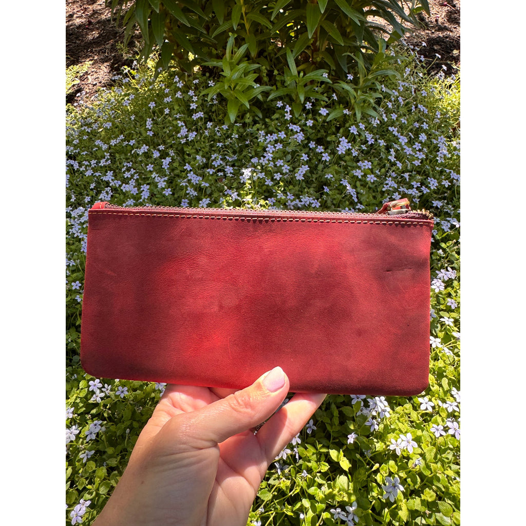 Genuine Leather Dark Red Makeup Bag Artist Pouch Leather Wristlet Bag NEW!