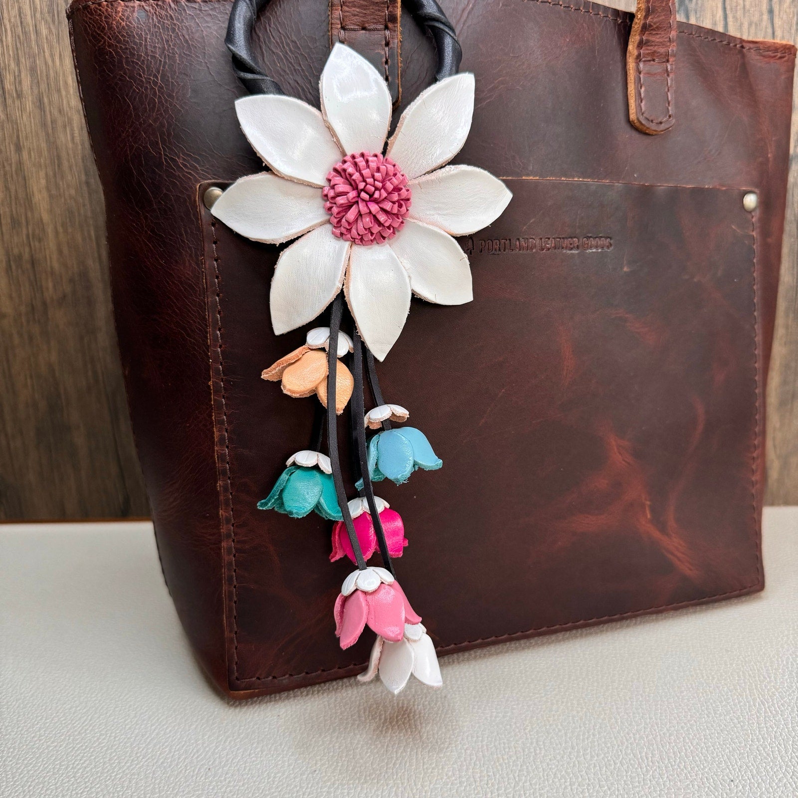 Leather Flower Purse Charm Genuine Leather Fall Daisy Bag Charm NEW FAST SHIP