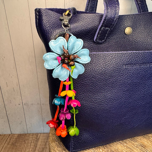 Baby Blue Daisy Flower Leather Bag Charm Genuine Leather Purse Charm Flowers