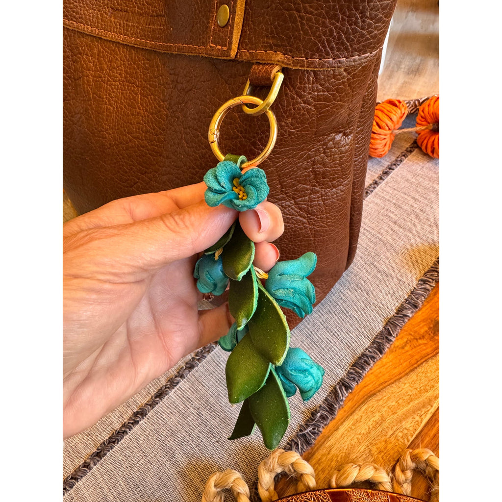 Genuine Leather Trailing Blue Bell Flower Purse Charm Leather Bag Charm