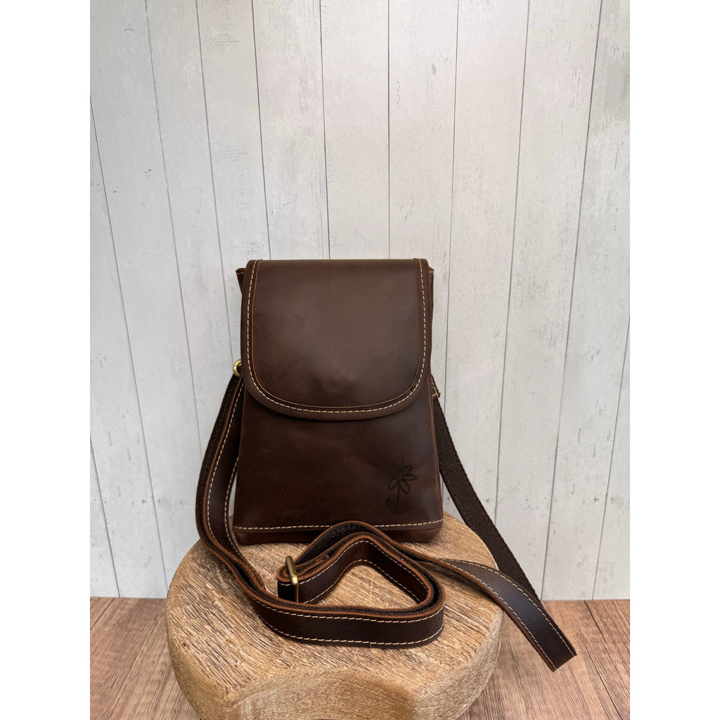 Genuine Leather Crossbody Purse GRIZZLY BROWN Leather Bag Passport Phone Bag