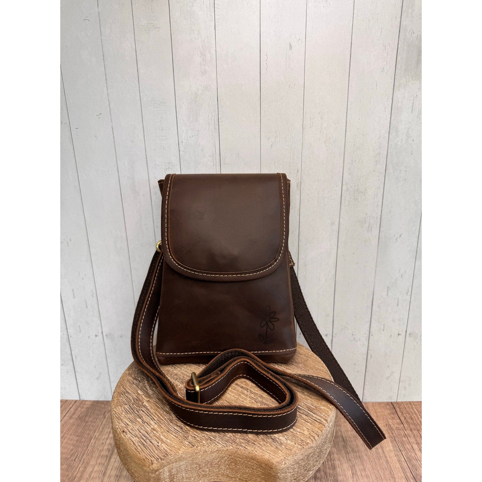 Genuine Leather Crossbody Purse GRIZZLY BROWN Leather Bag Passport Phone Bag