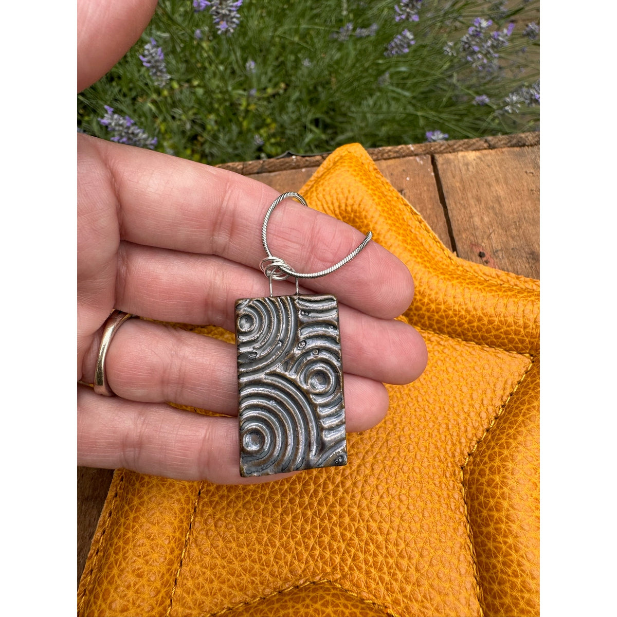 Kiln Fired Mirror Circle Pendant Necklace Handcrafted Ceramic Blue Gray Necklace