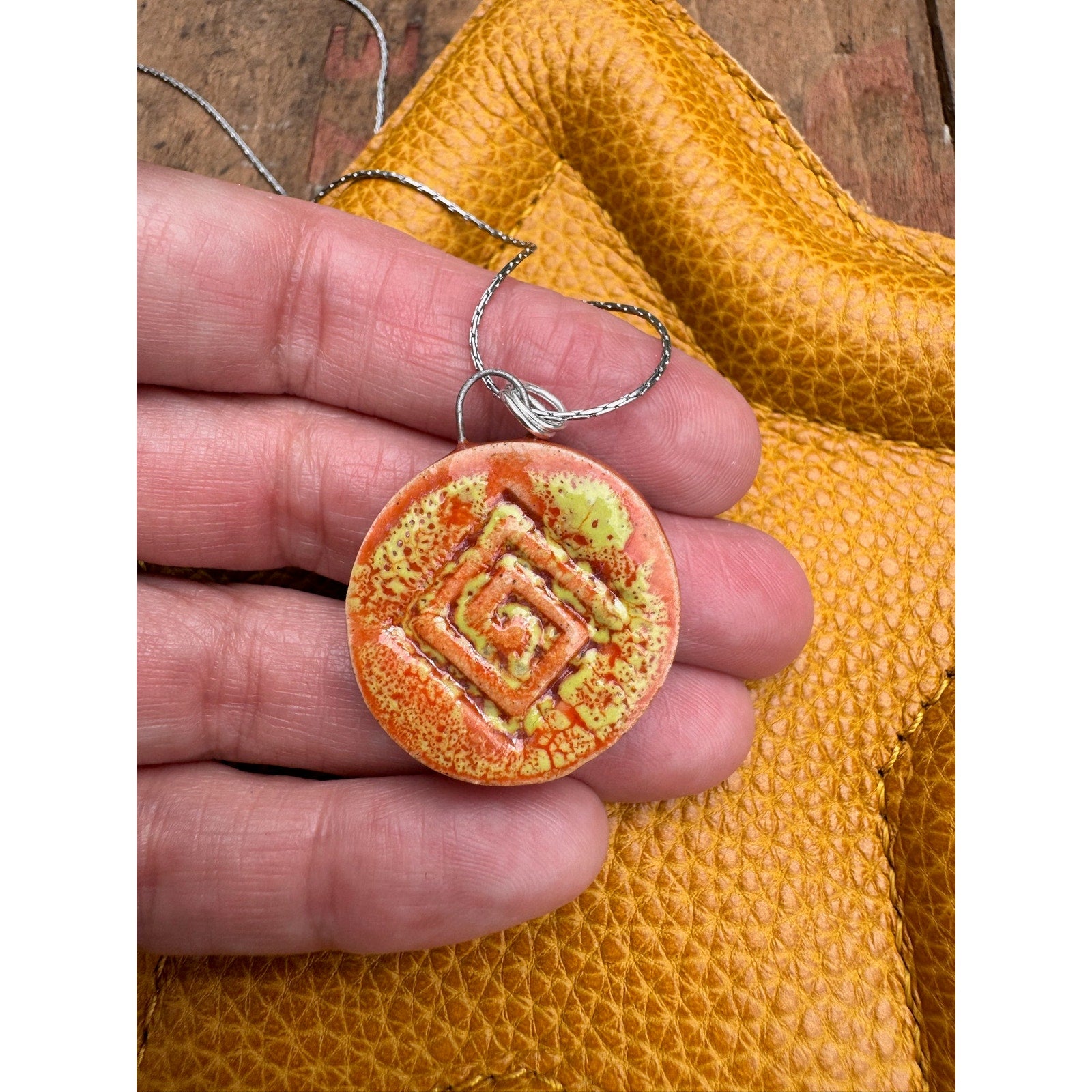 Boho Round Pendant Necklace Orange Yellow Jewelry Boho Pottery Necklace