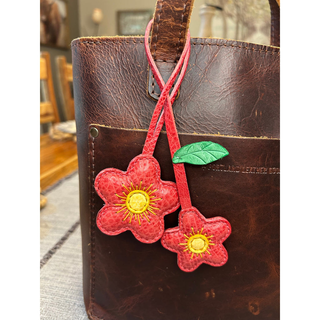 Double Red Pink Flower Bag Charm Daisy Flower Genuine Leather Purse Charm