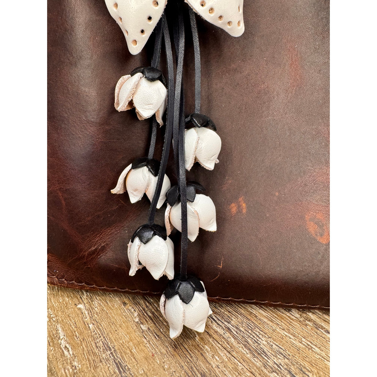 White Black Leather Purse Charm Genuine Leather Neutral Flower Bag Charm Flowers