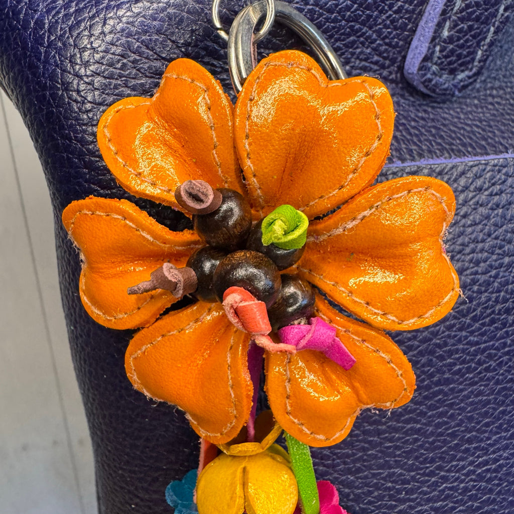 Orange Daisy Flower Leather Bag Charm Genuine Leather Purse Charm Flowers
