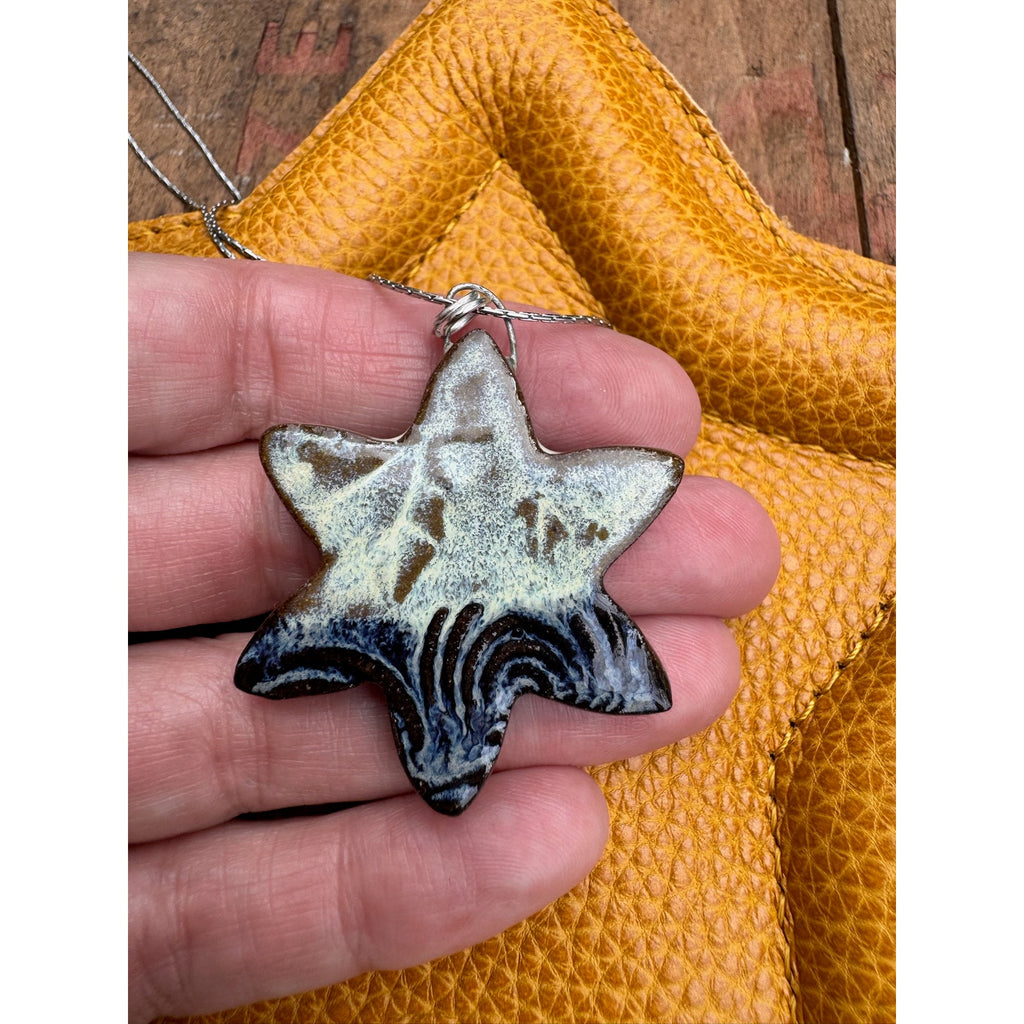 Boho Star Pendant Necklace Jewelry Boho Pottery Ceramics Necklace White Blue