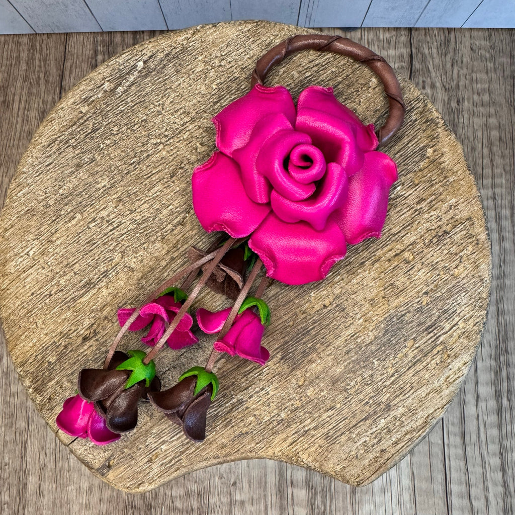 Leather Hot Pink Rose Purse Charm West Hills Studio Genuine Leather Flower Bag Charm