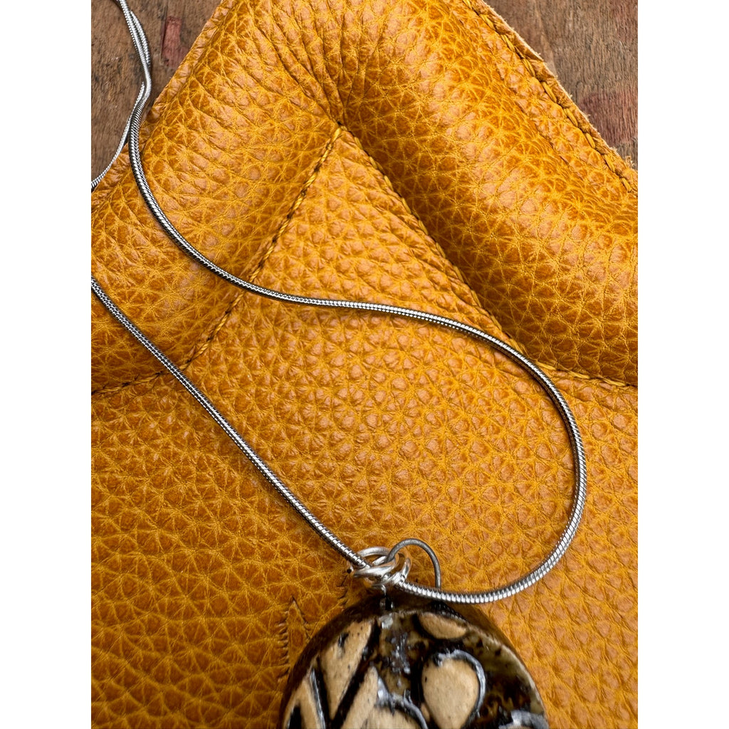 Boho Necklace Round Zig Zag Daisy Pendant Ceramic Necklace Medallion Jewelry
