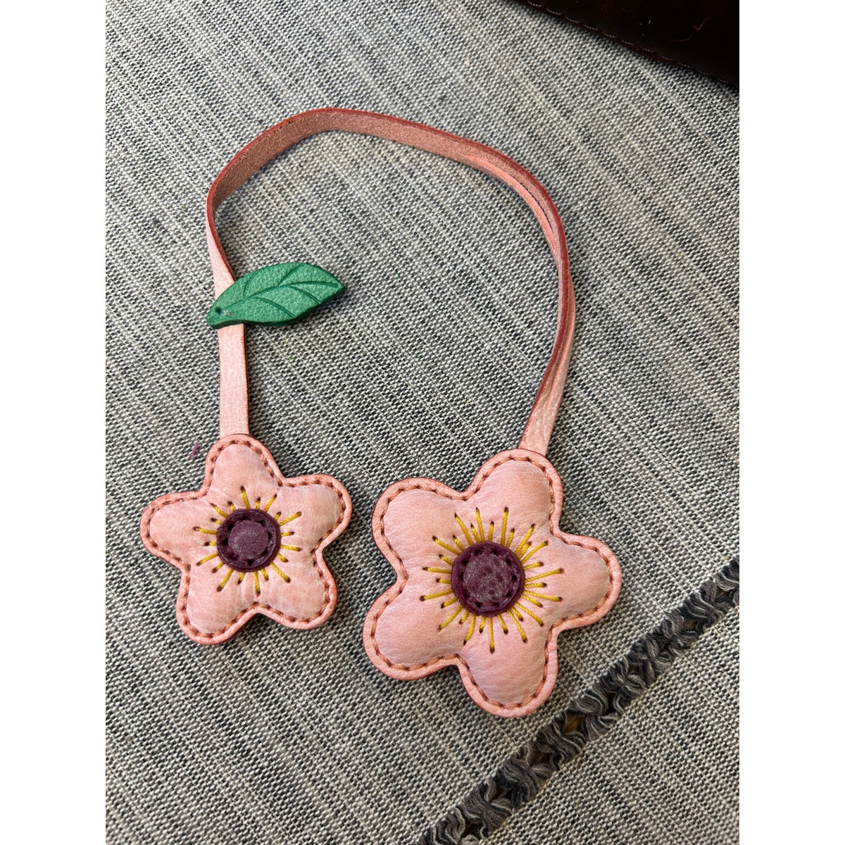 Double Pink Flower Bag Charm Daisy Flower Genuine Leather Purse Charm