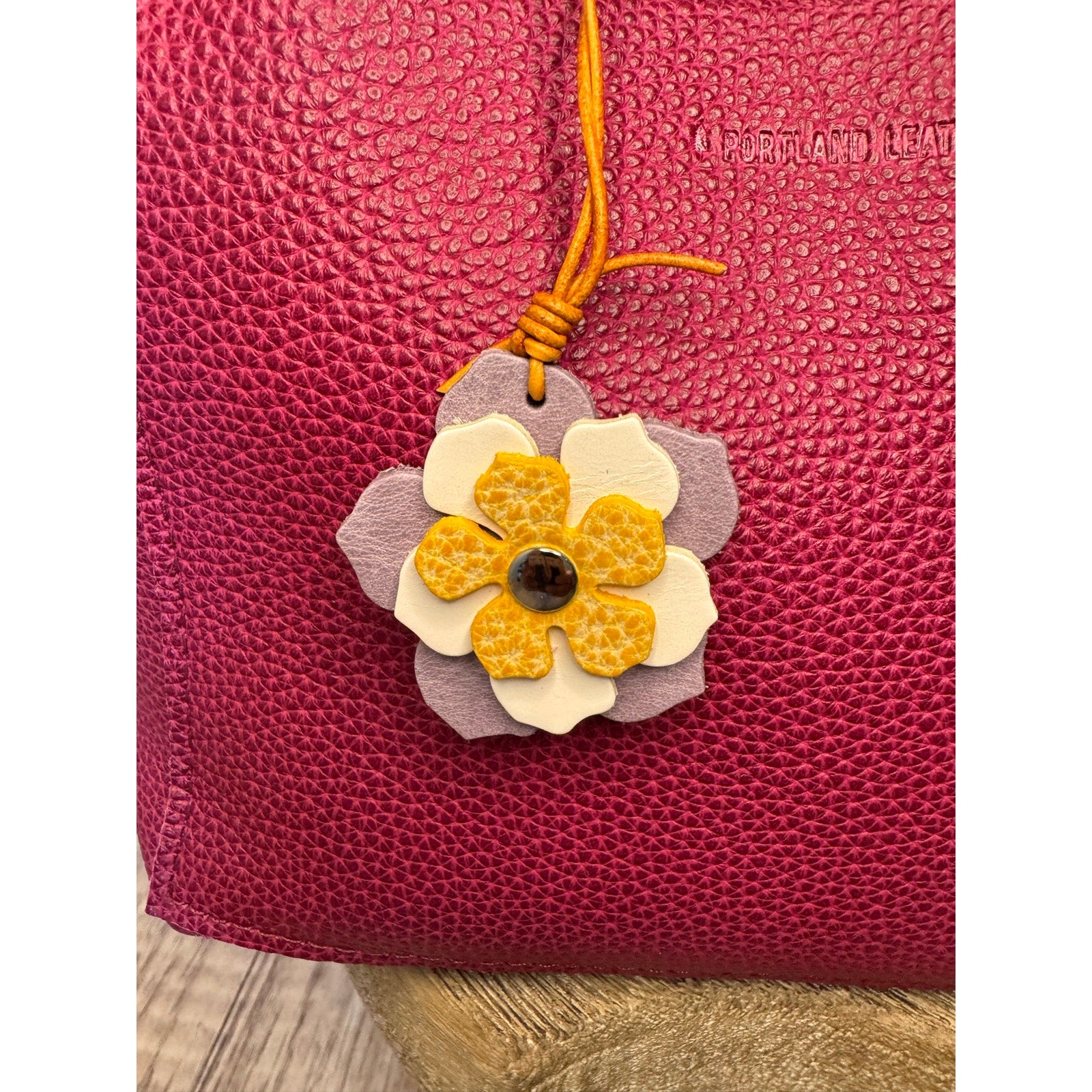 Leather Flower Bag Charm Yellow White Purple Flower Charm Genuine Leather 2 in