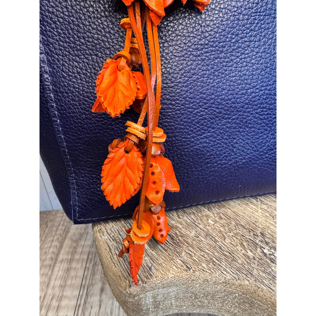 Leather Flower Purse Charm Genuine Leather Orange Mum Dahlia Bag Charm NeW!