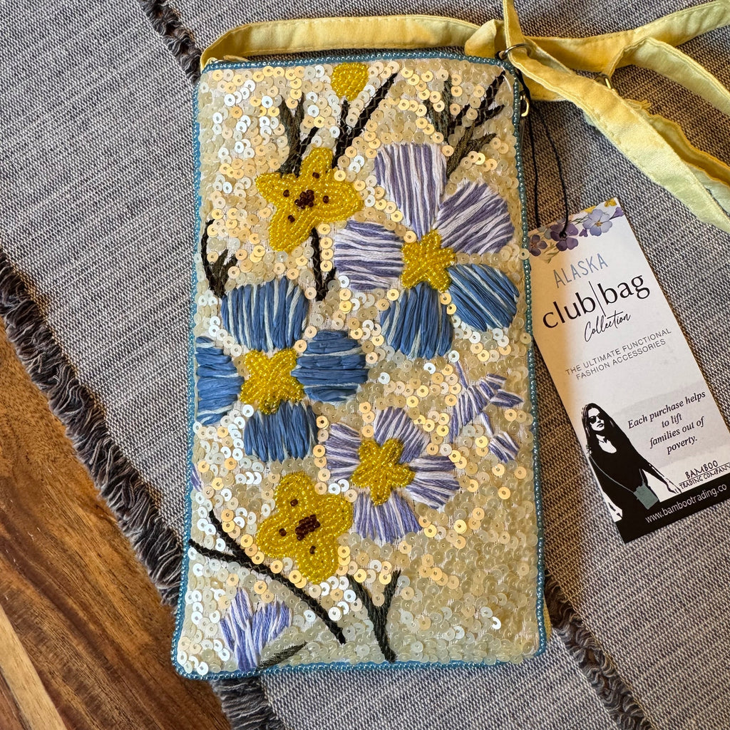 Blue yellow Beaded Crossbody Club Bag Stitched Phone Bag Small Night out Purse