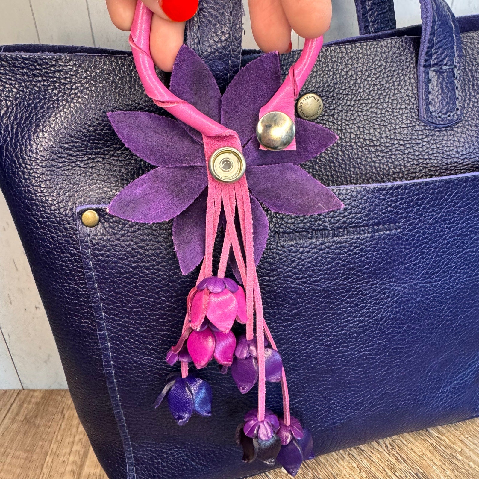 Leather Purse Charm Purple Flower Charm Genuine Leather Bag Charm NEW!