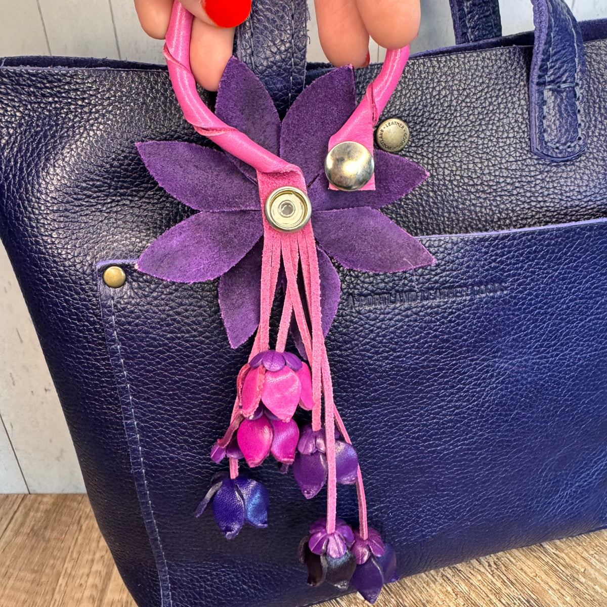 Leather Purse Charm Purple Flower Charm Genuine Leather Bag Charm NEW!