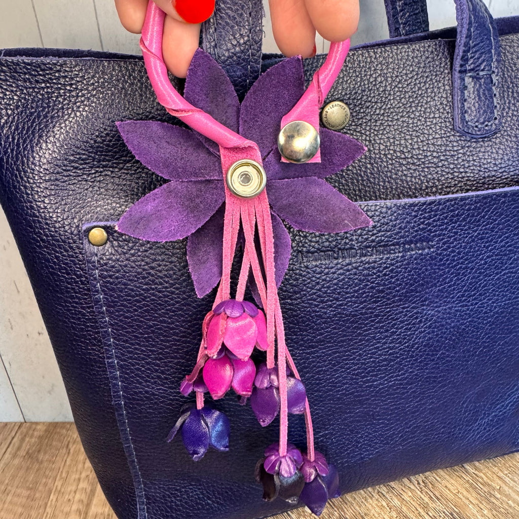 Leather Purse Charm Purple Flower Charm Genuine Leather Bag Charm NEW!