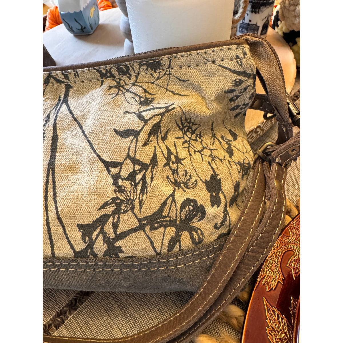 Canvas Gray Beige Purse Crossbody Bag Boho Accessories 11 x 7