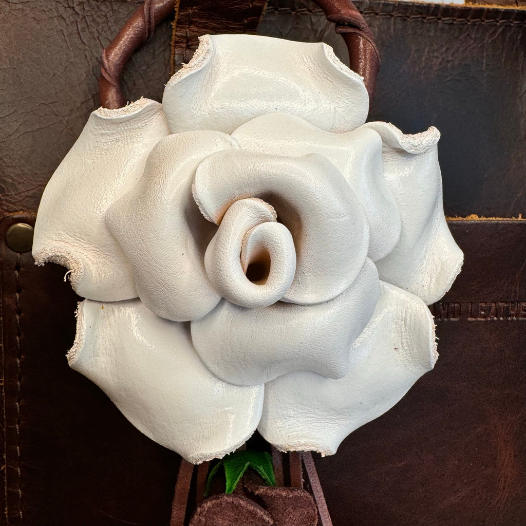 Set of 2: Genuine Leather White Rose Bag Charm Gold White Crossbody Purse Strap