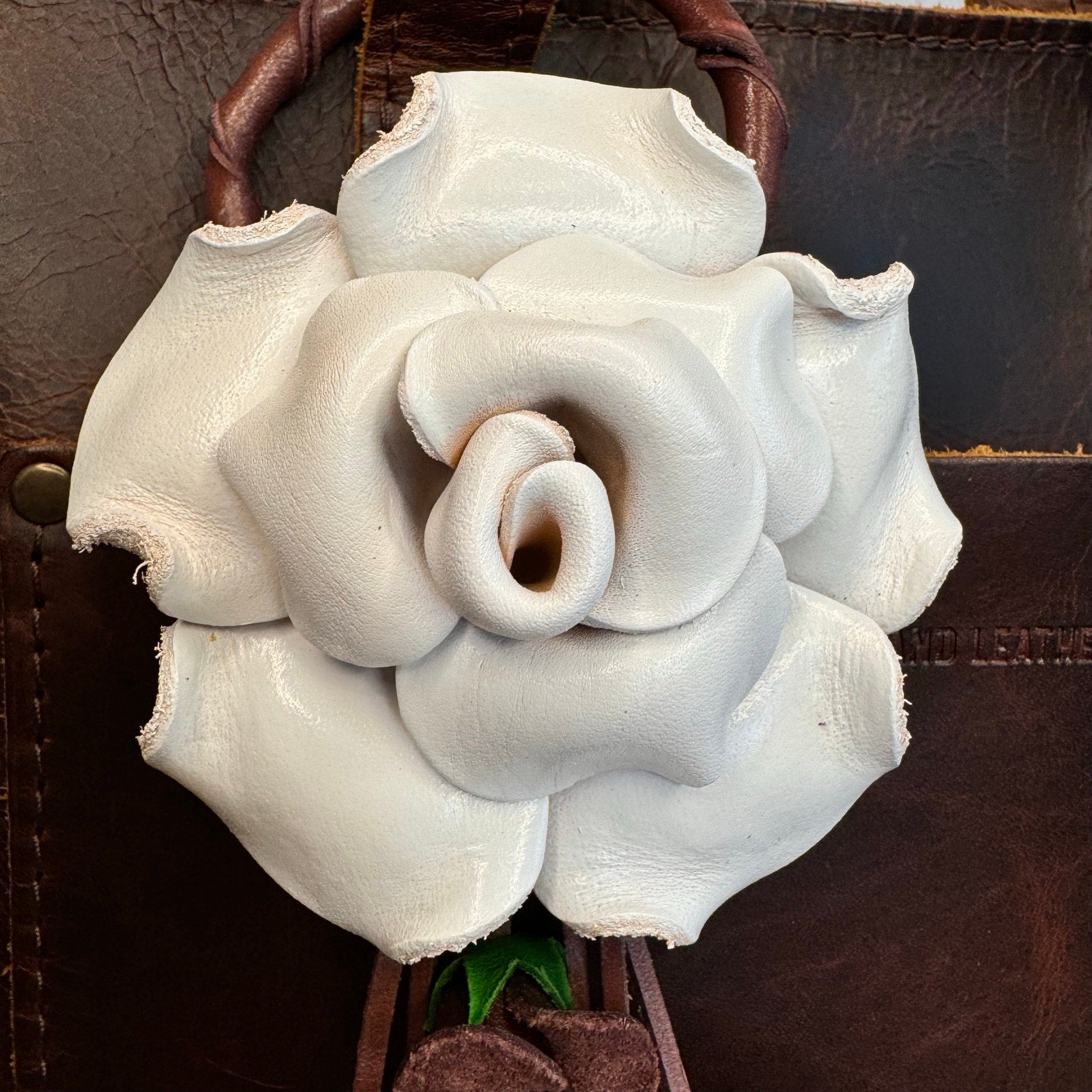 Set of 2: Genuine Leather White Rose Bag Charm Gold White Crossbody Purse Strap