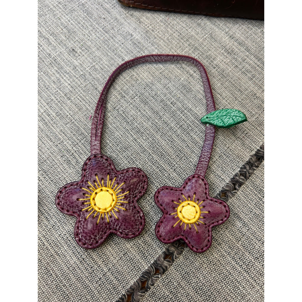 Double Purple Flower Bag Charm Daisy Flower Genuine Leather Purse Charm