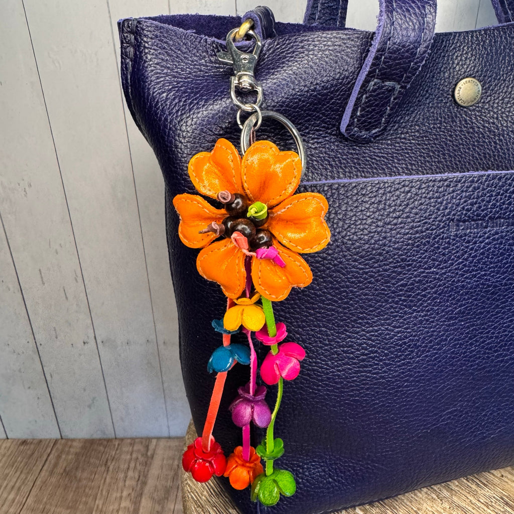 Orange Daisy Flower Leather Bag Charm Genuine Leather Purse Charm Flowers