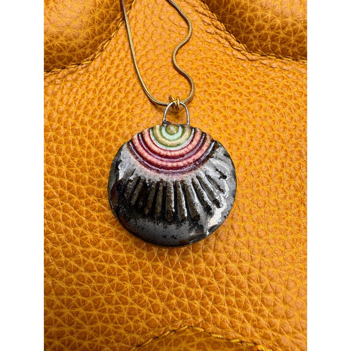 Kiln Fired Ceramic Round Sunburst Pendant Necklace Ceramics Made in Oregon