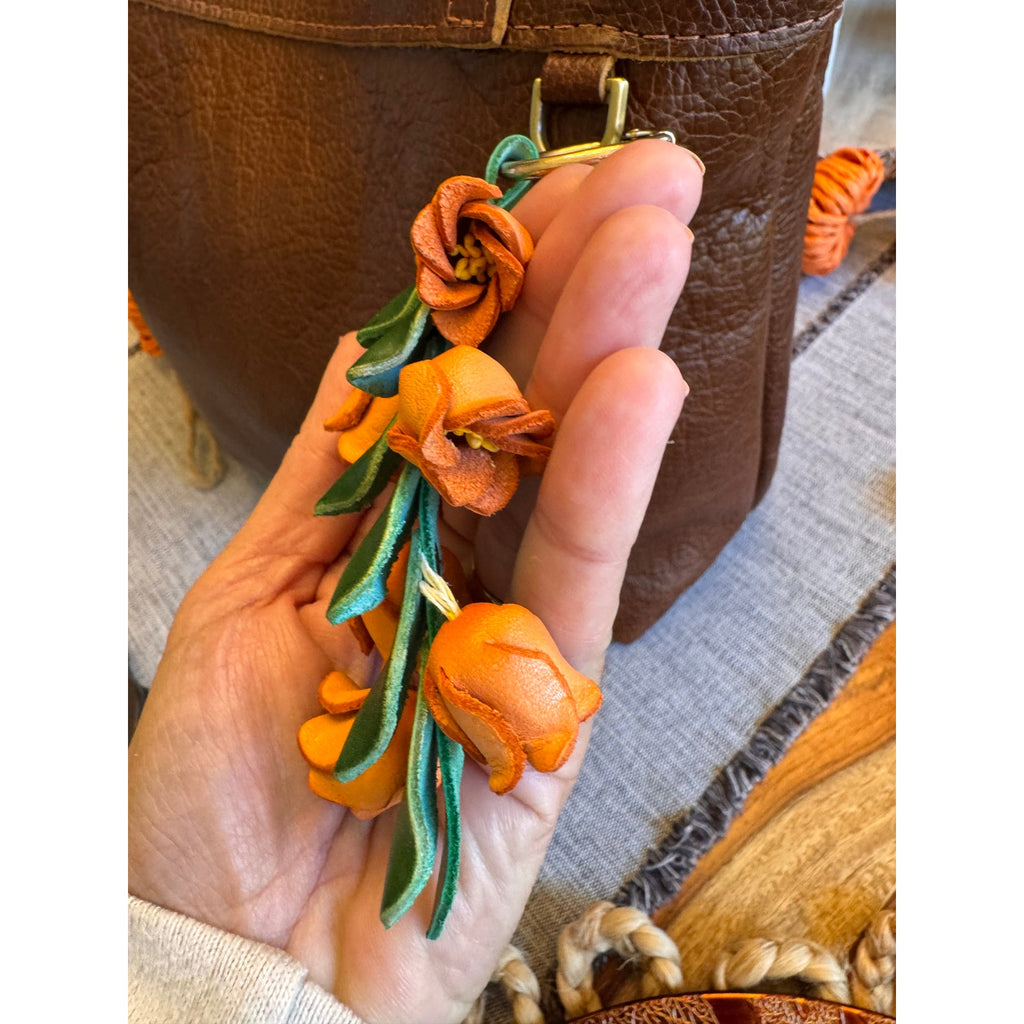 Genuine Leather Orange Trailing Flower Purse Charm Leather Bag Charm