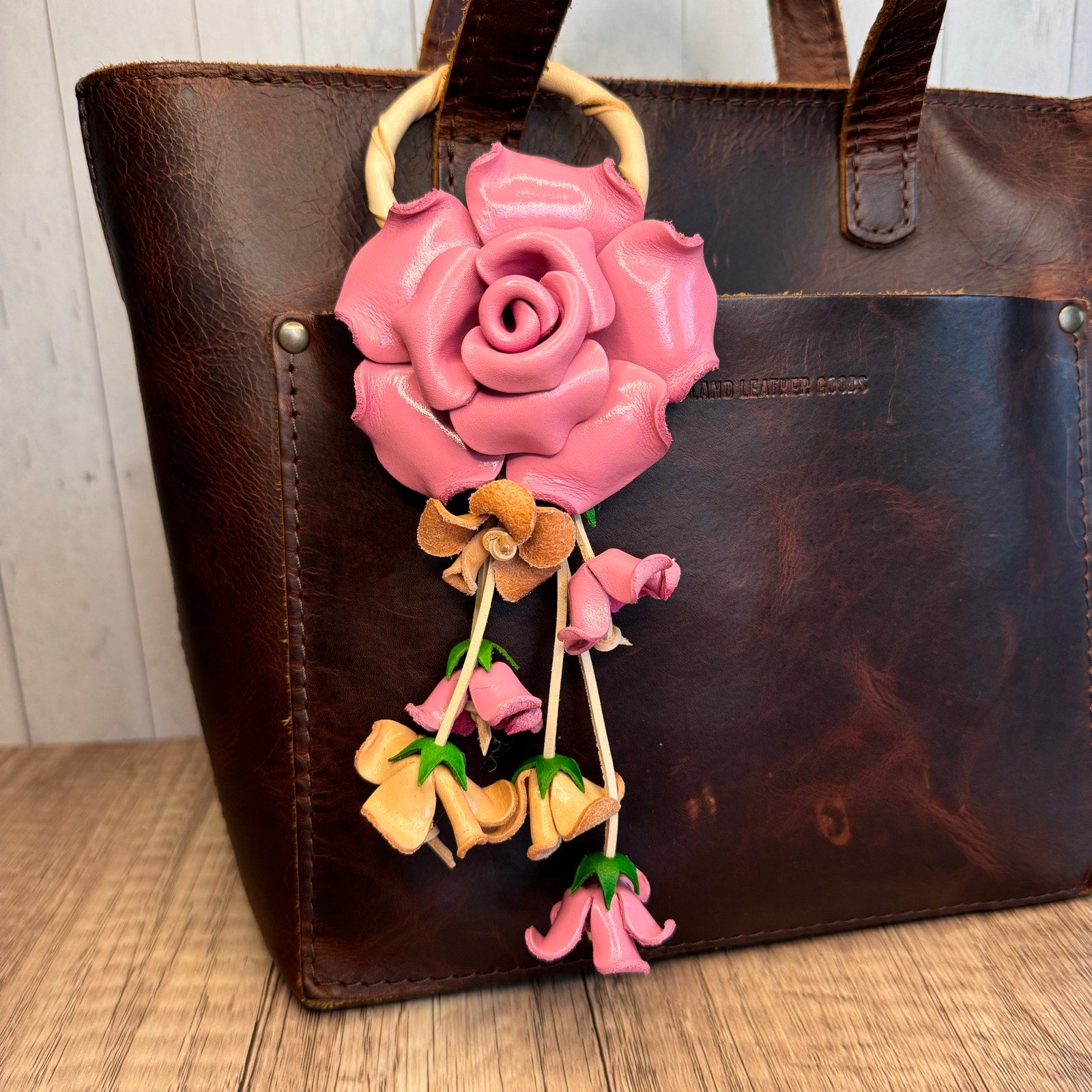 Leather Light Pink Rose Purse Charm Genuine Leather Rose Flower Bag Charm