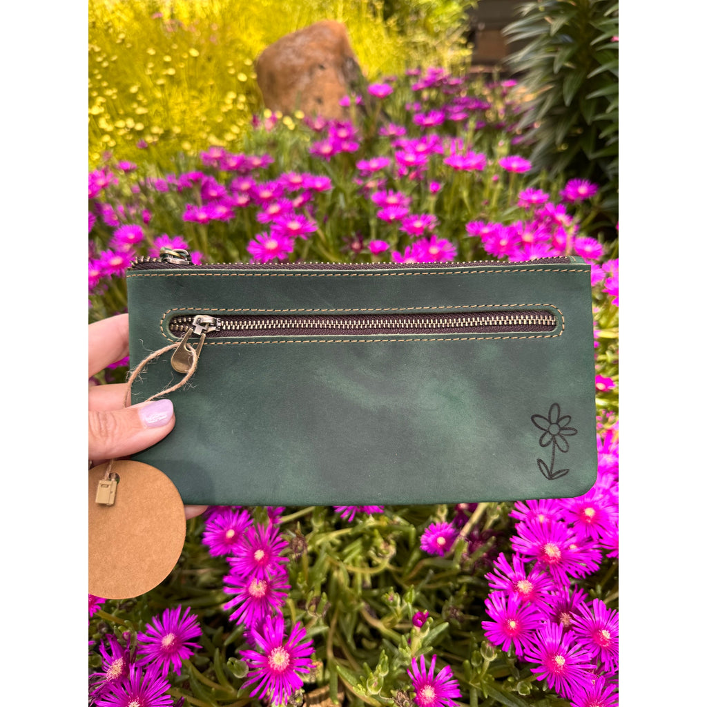 Genuine Leather DYNASTY Green Makeup Bag CLUTCH Pouch Leather Wristlet Bag NEW