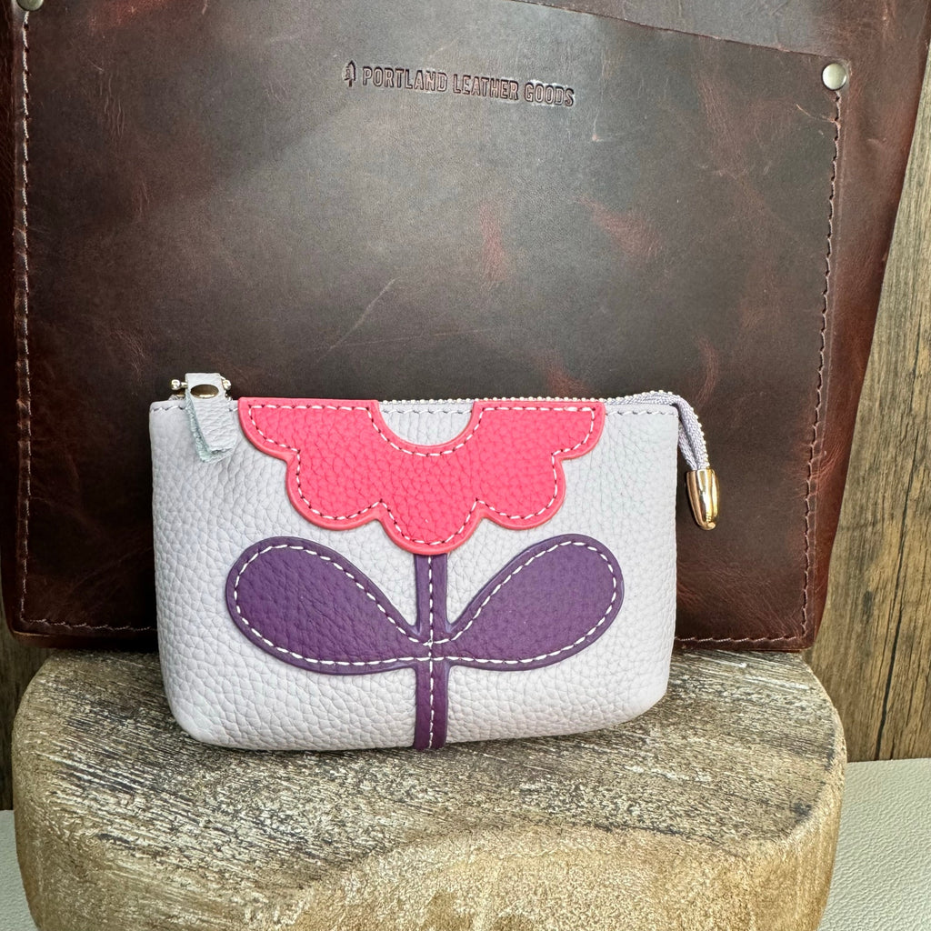 Flower Coin Purse Lavender Purple Wallet Genuine Leather Wallet NEW FAST SHIP