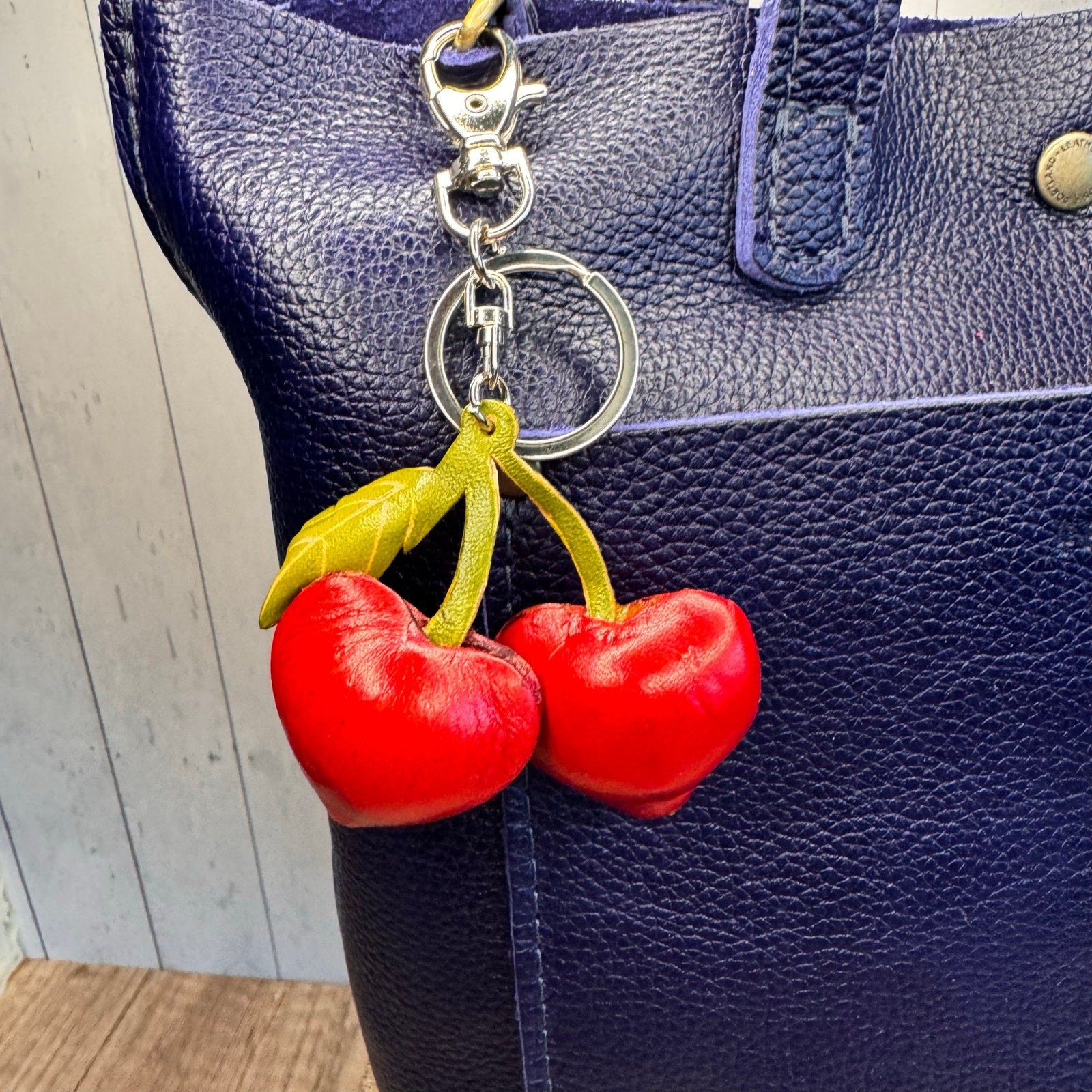 Genuine Leather Cherries Bag Charm Hand Painted Leather Cherry Keychain NEW!
