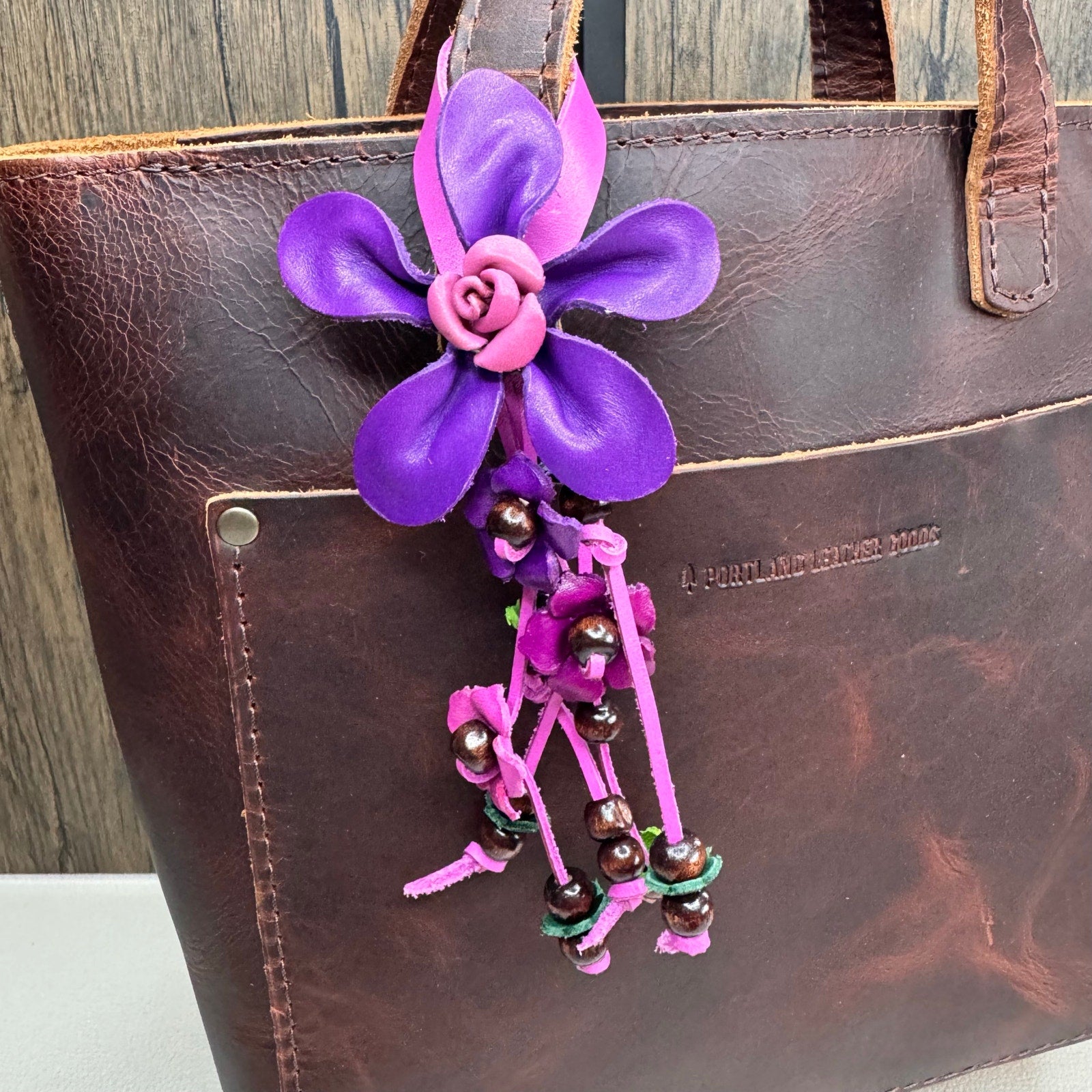 Purple Daisy Flower Leather Bag Charm Genuine Leather Purse Crossbody Keychain
