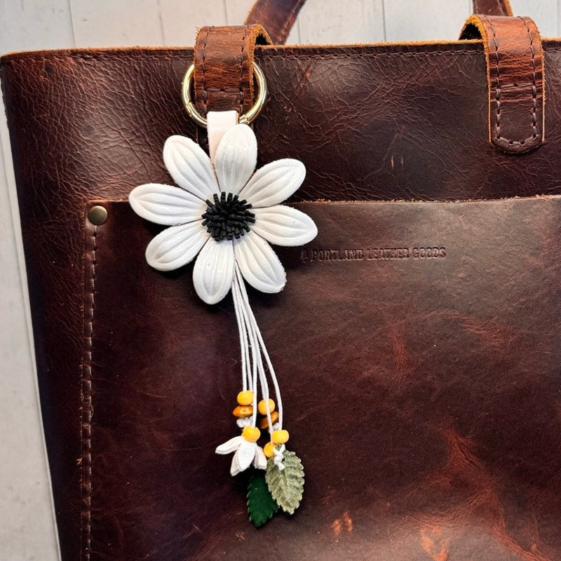 White Summer Daisy Purse Charm Genuine Leather Summer Flower Bag Charm NEW!
