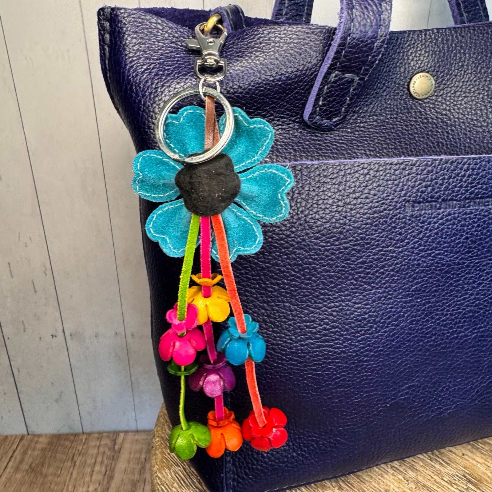 Baby Blue Daisy Flower Leather Bag Charm Genuine Leather Purse Charm Flowers