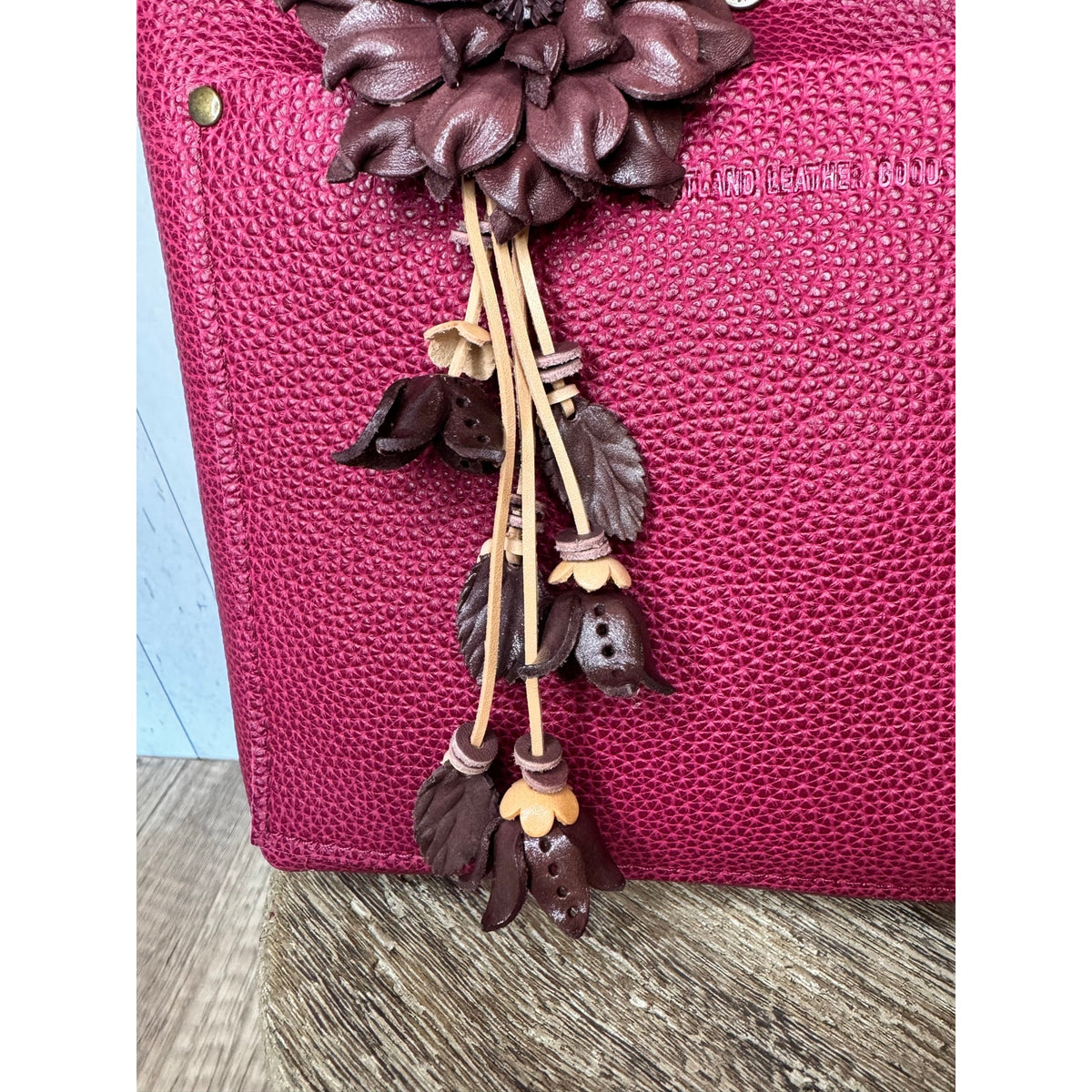 Leather Flower Purse Charm Genuine Leather Eggplant Brown Dahlia Fall Bag Charm