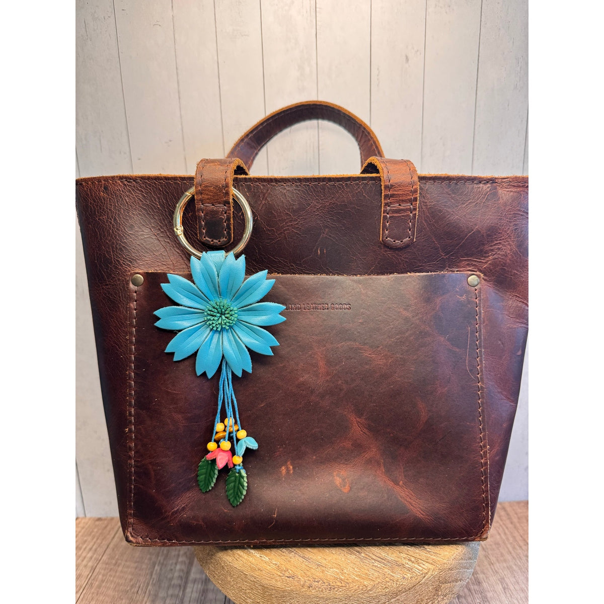 Blue Dahlia Purse Charm Genuine Leather Flower Blue Bag Charm NEW FAST SHIP