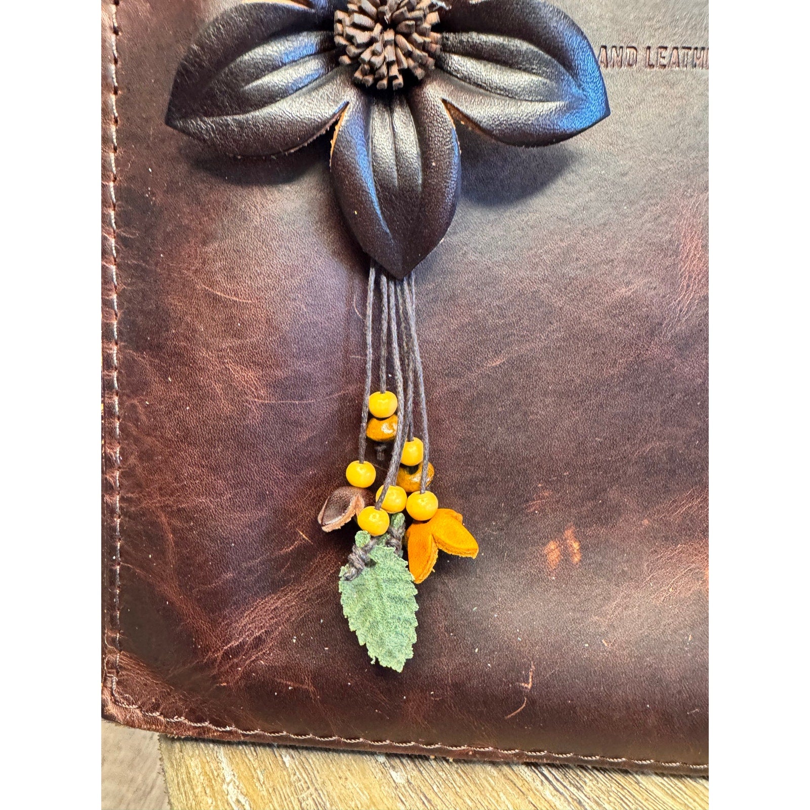 Brown Neutral Flower Daisy Purse Charm Genuine Leather Flower Bag Charm NEW!