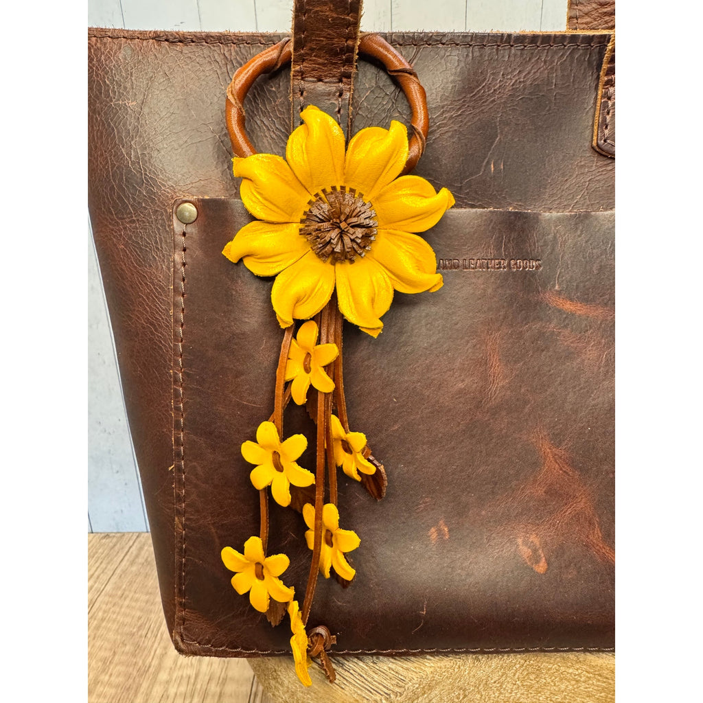 Leather Purse Charm Genuine Leather Yellow Flower Bag Charm Real Leather