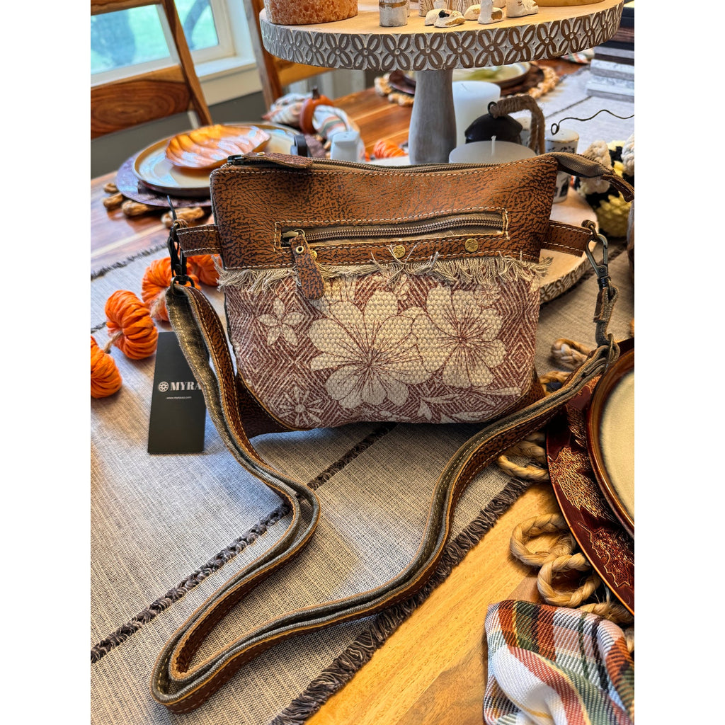 Vintage Hibiscus Flower and Fringe Crossbody Bag Neutral Boho Bag 9 x 8 NEW!