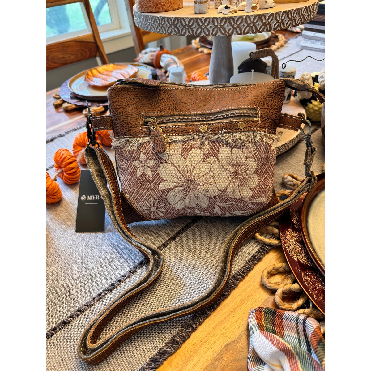 Vintage Hibiscus Flower and Fringe Crossbody Bag Neutral Boho Bag 9 x 8 NEW!