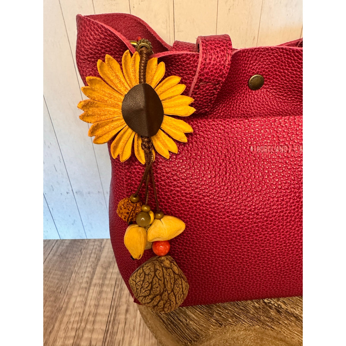 Summer Neutral Tan Gerbera Daisy Purse Charm Genuine Leather Flower Bag Charm