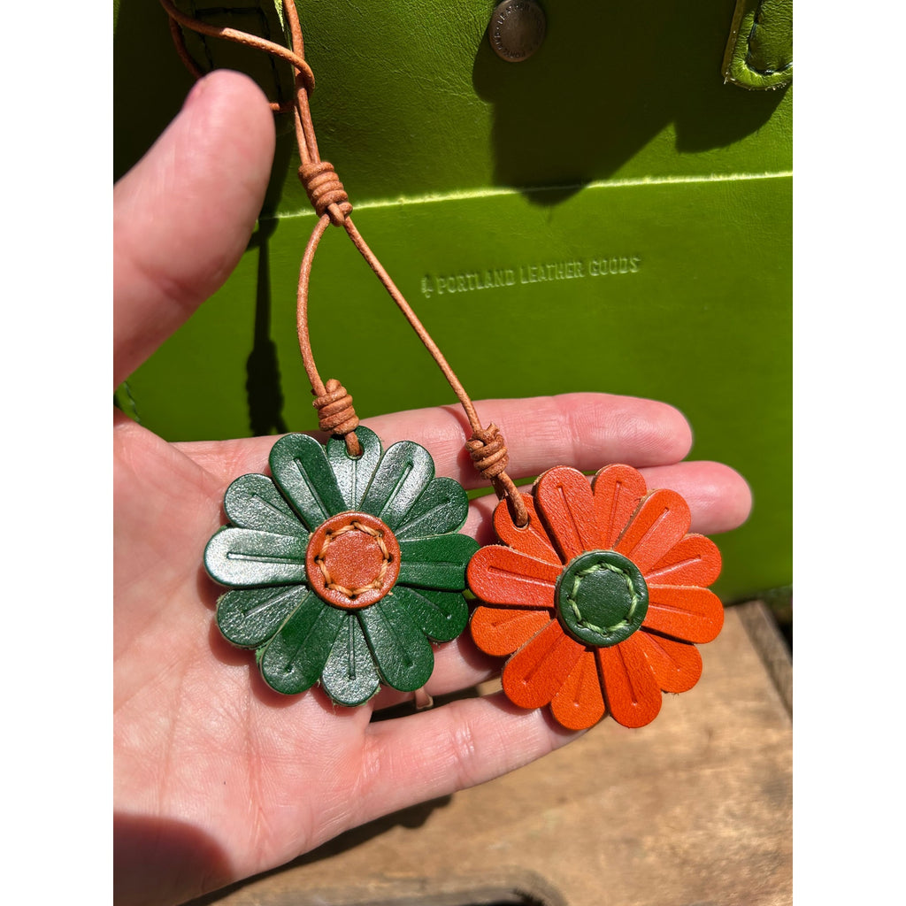 Genuine Leather Green Orange Daisy Bag Charm Flowers Purse Charm