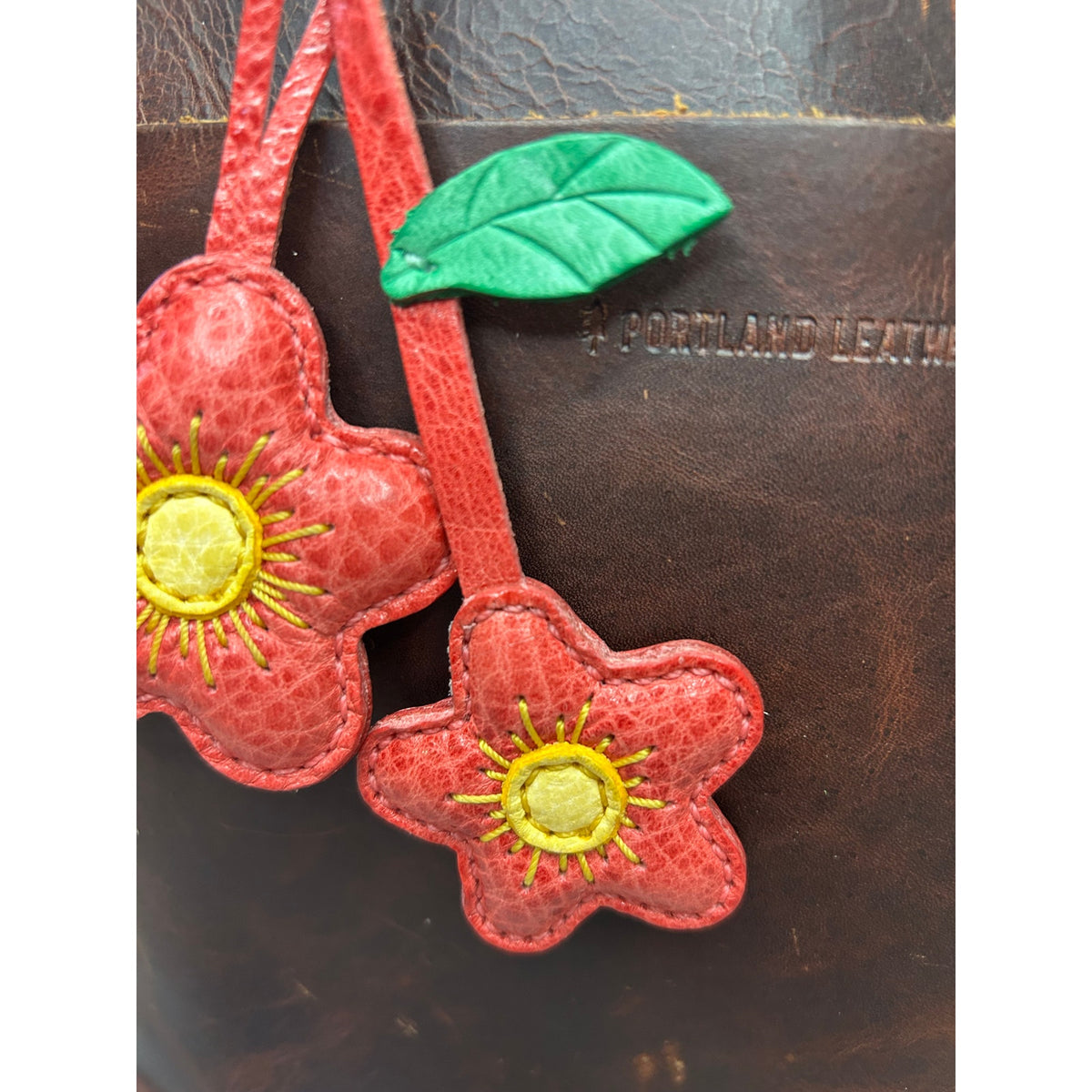 Double Red Pink Flower Bag Charm Daisy Flower Genuine Leather Purse Charm