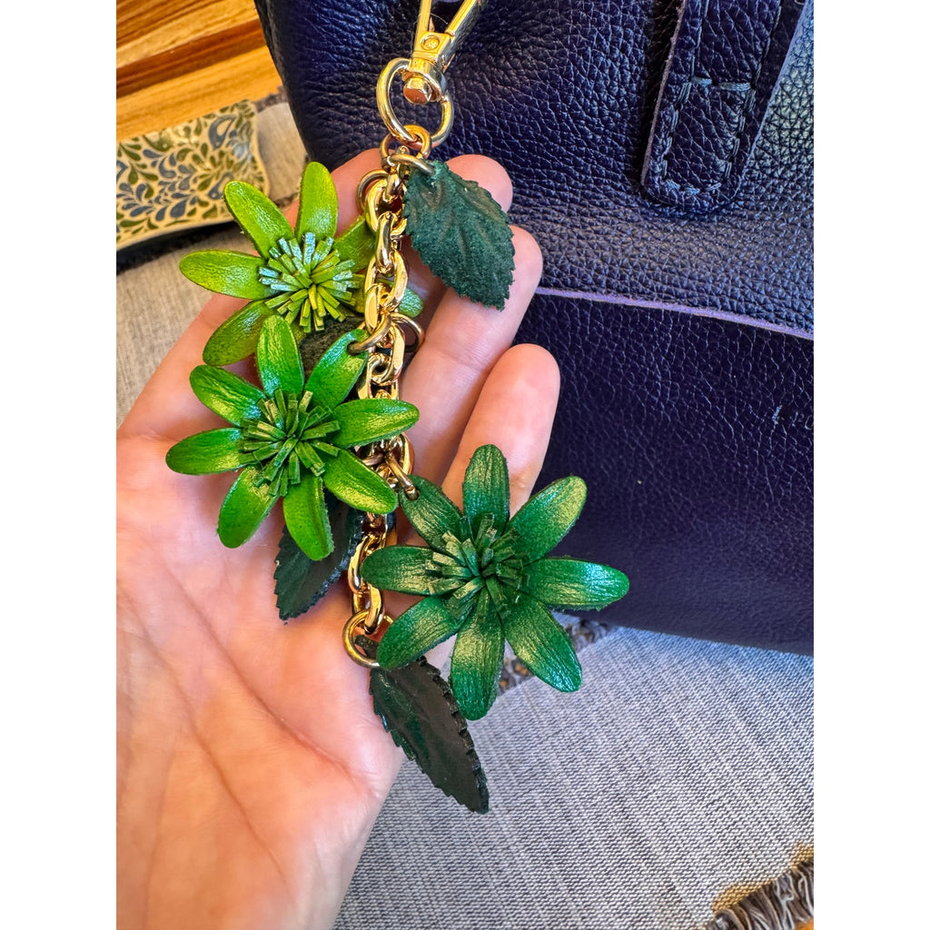 Colorful Green Flower Bag Charm Genuine Leather Purse Charm Flower Charms NEW!
