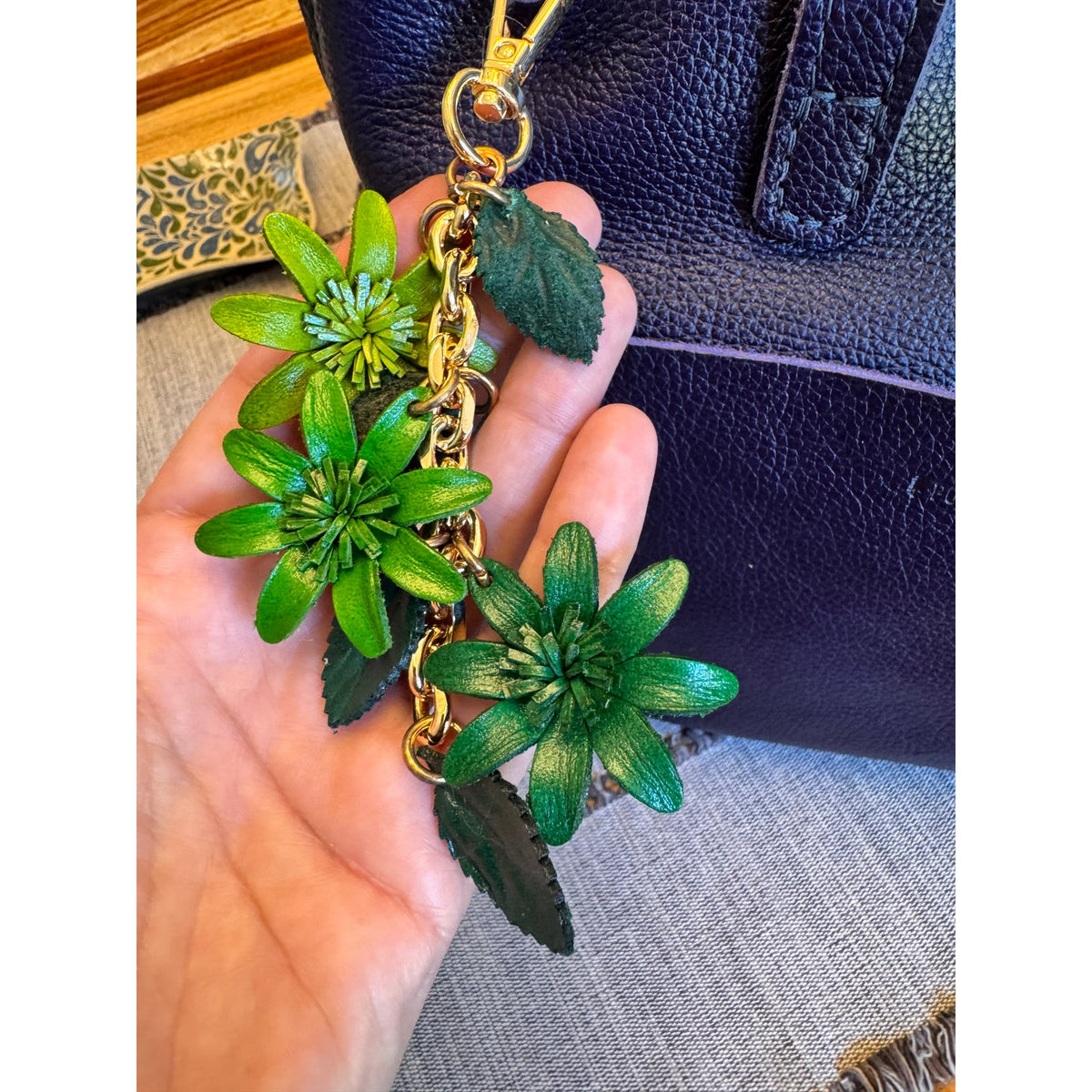 Colorful Green Flower Bag Charm Genuine Leather Purse Charm Flower Charms NEW!