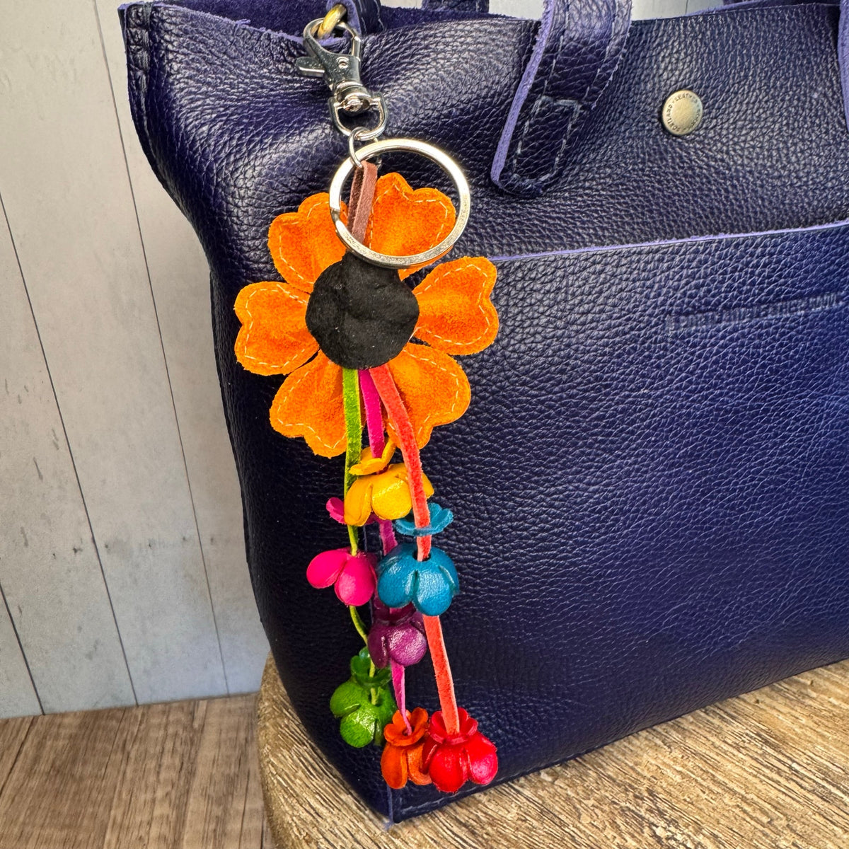 Orange Daisy Flower Leather Bag Charm Genuine Leather Purse Charm Flowers