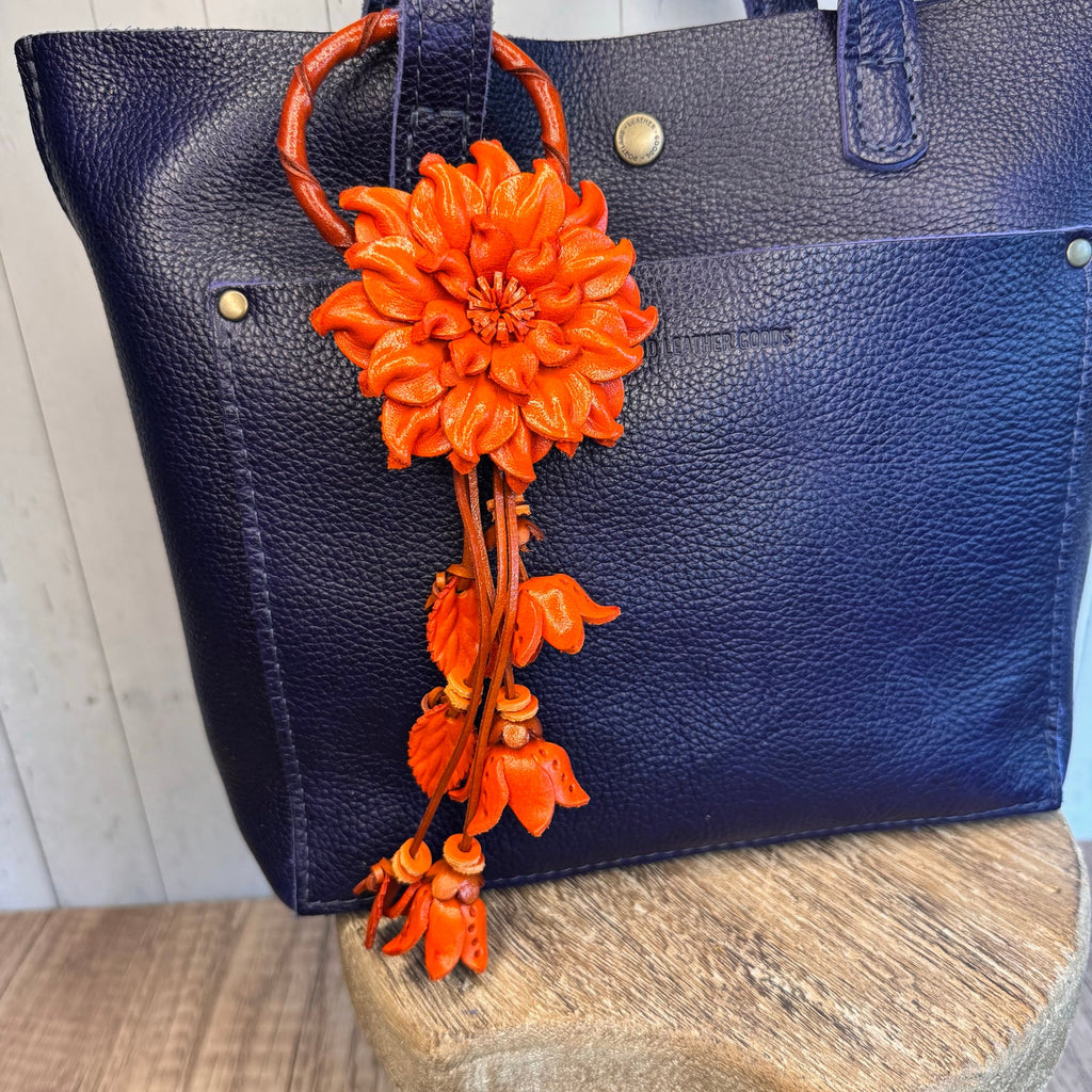 Leather Flower Purse Charm Genuine Leather Orange Mum Dahlia Bag Charm NeW!