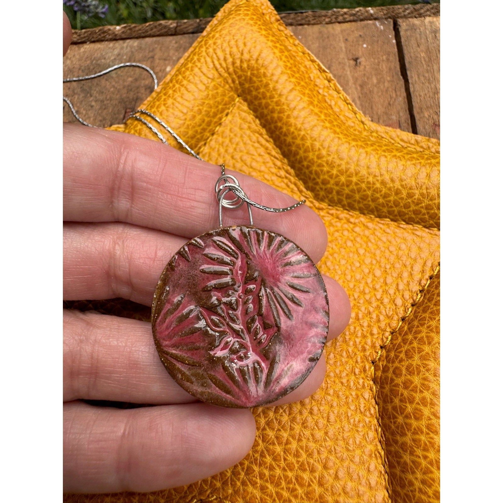 Boho Round Pendant Necklace Pink Red Accessories Handmade Pottery Studio Art
