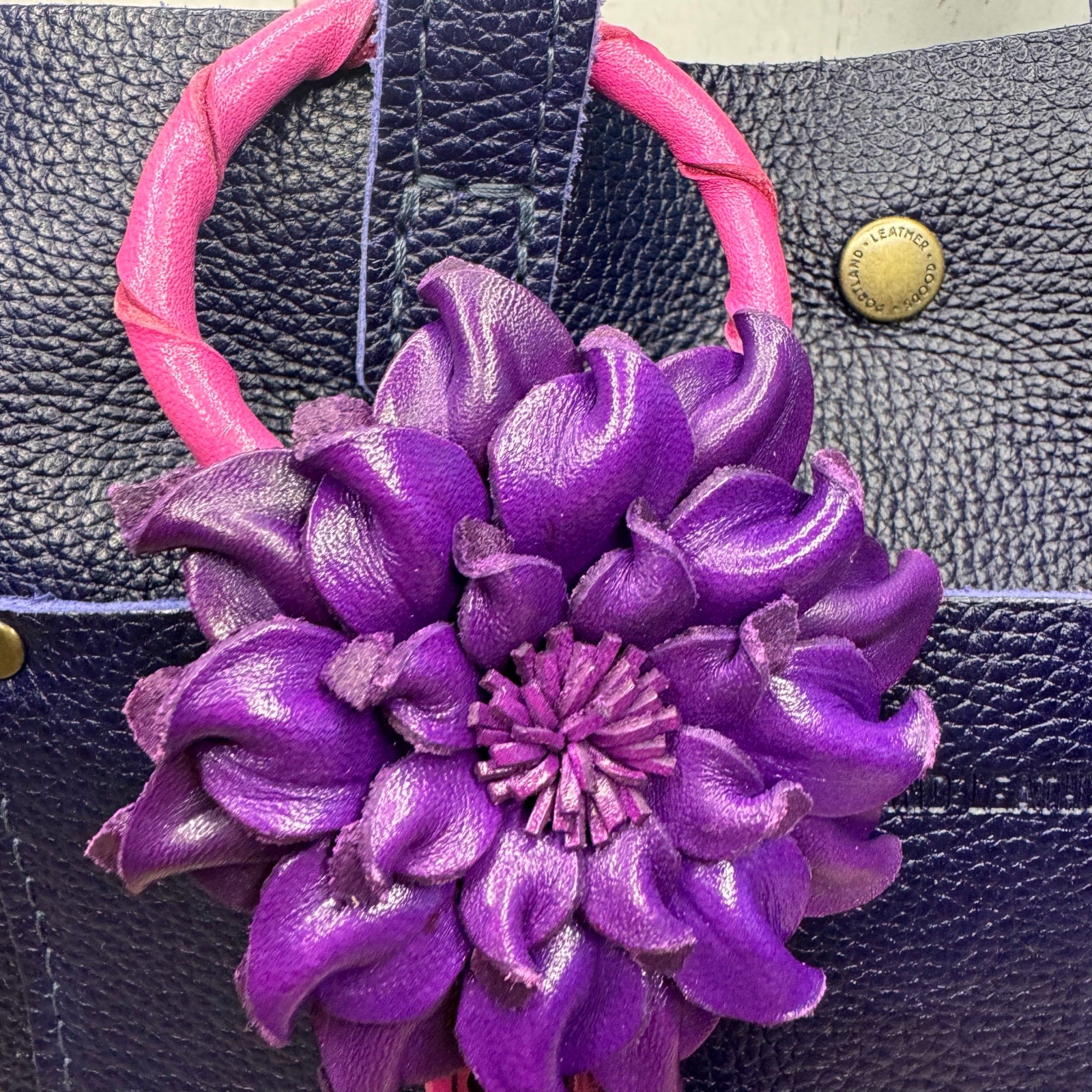 Purple Dahlia Leather Flower Purse Charm Genuine Leather Purple Flower Bag Charm